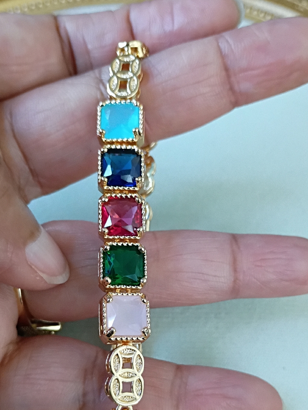 New Gold Tone Multi-Gem Square Link Bracelet - Colorful Stones - Picture 3 of 4